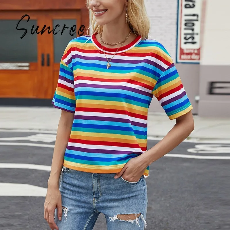 

SUNCREE Stripe T-shirt Female Kawaii Woman T-shirts Summer Clothes for Women Harajuku Top Woman Korean Fashion Women Tee Shirt