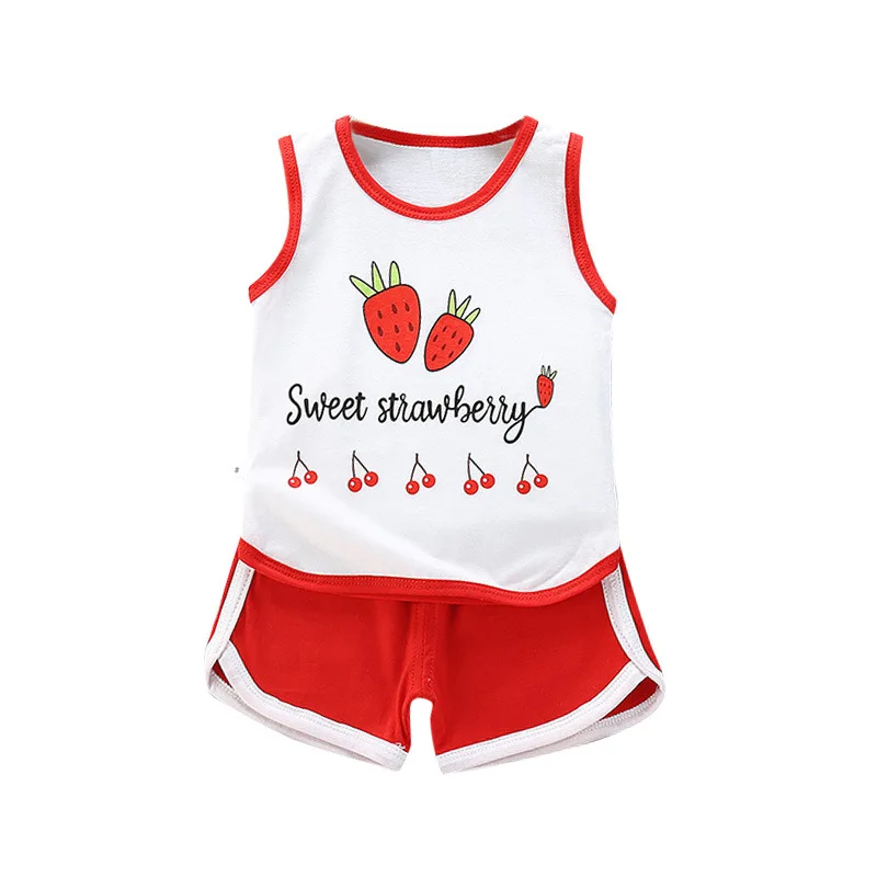 

Hot Sale Cute Boys Girls Boutique Clothing Casual Children Summer Clothes Cartoon Fruits Printed Kids Vest+Pants 2pcs Short Set
