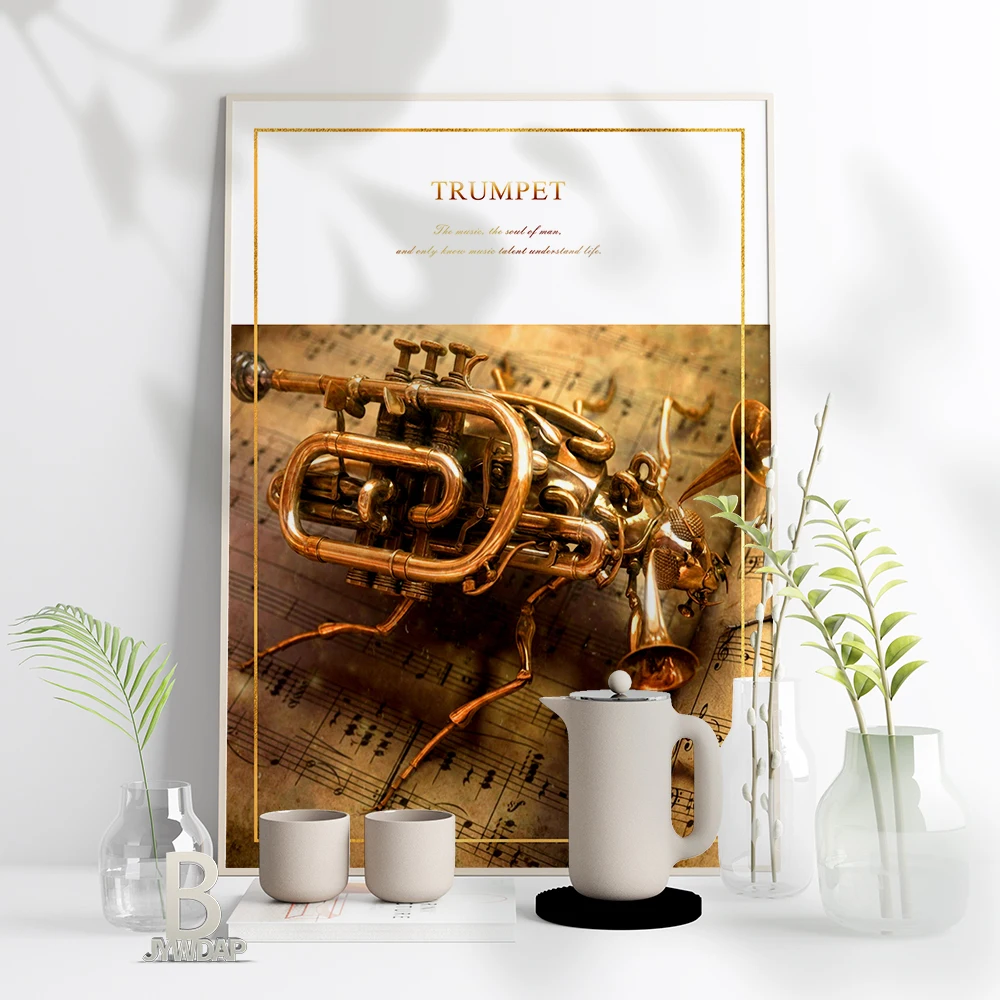 

Modern Retro Metal Trumpet Wall Art Canvas Painting Poster Vintage Music Instrument For Living Room Home Decorate Gift Poster
