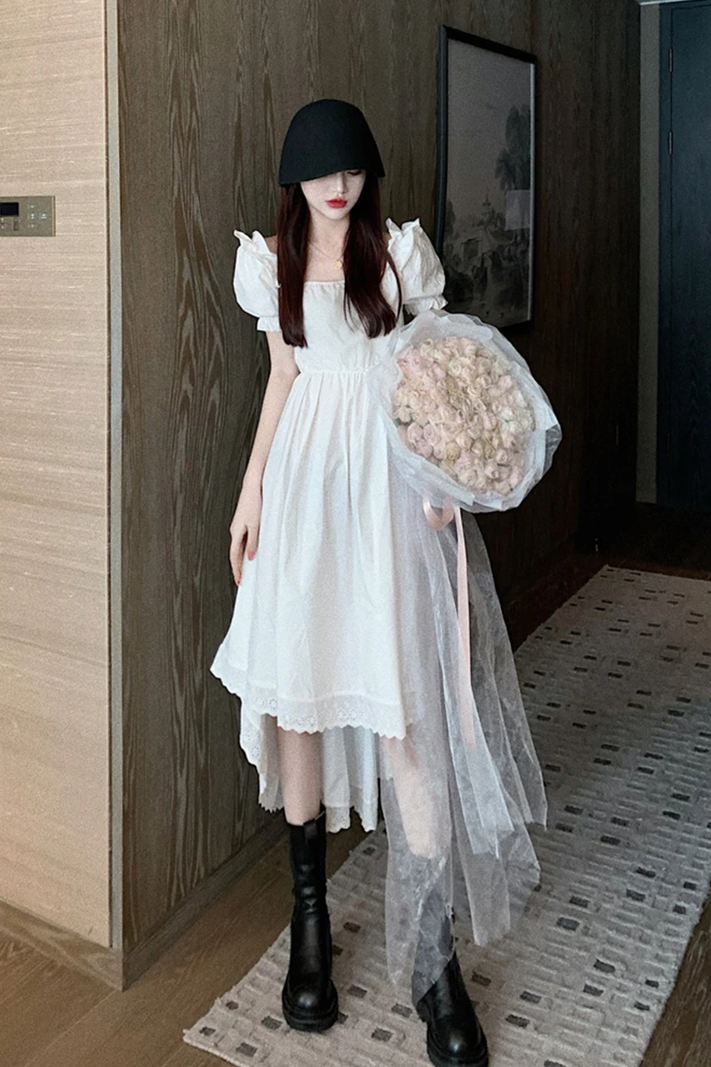 

French Sweet Spring New Waist Retro Square Collar A Line Puff Sleeve Lace Patchwork Mid-Calf Dresses for Women