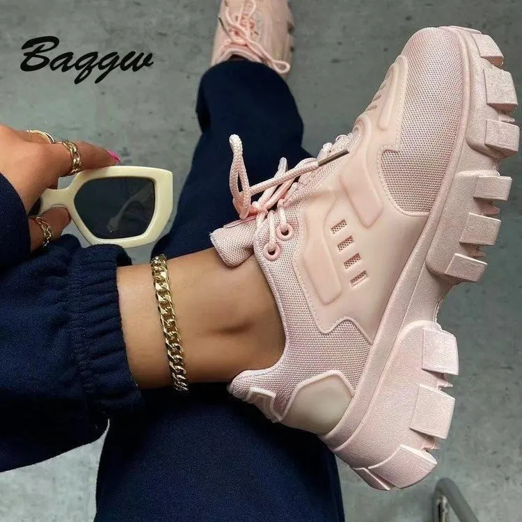 

Fashion Women Sneakers Mesh Vamp Breathable Solid Color Lace-up Platform Shoes Female Casual Outdoor Running Vulcanized Shoes