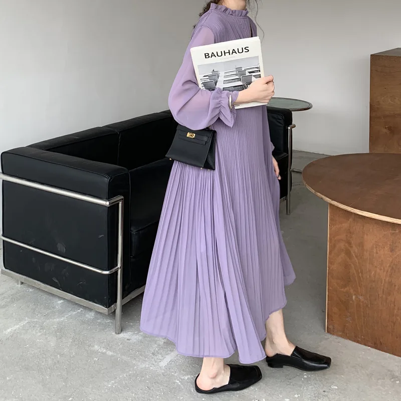 

Loose Waist Solid Pleated Expansion Skirt Purple Spring Summer Long Dress Mini Butterfly Stand Collar Chiffon Dresses