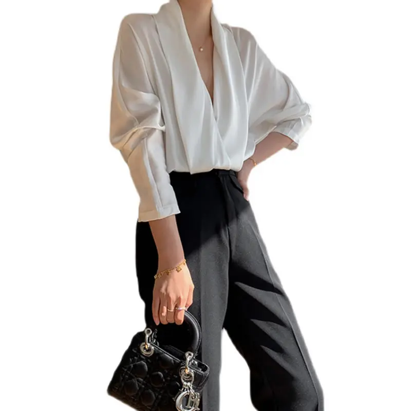 

XITAO Vintage Casual Shirt Women Tide Fashion New Style V Neck Collar Long Sleeve Pullover Slim Solid Color Elegant Top ZY5271