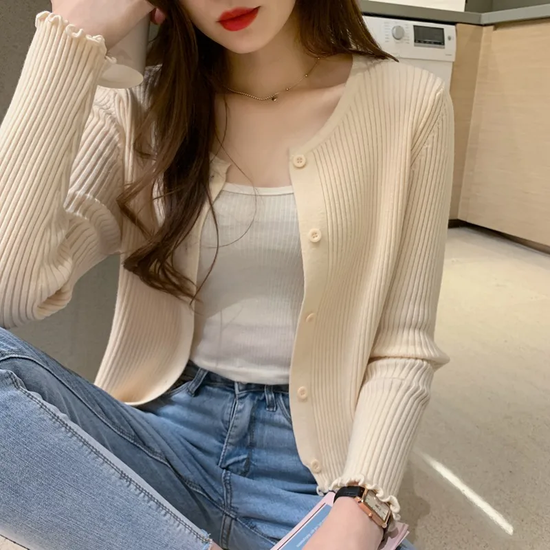 

Короткий трикотаж, новая осенняя женская обувь с длинным рукавом с круглым воротником Вязаный Кардиган Slim Fit All-подходящий жакет верхняя оде...