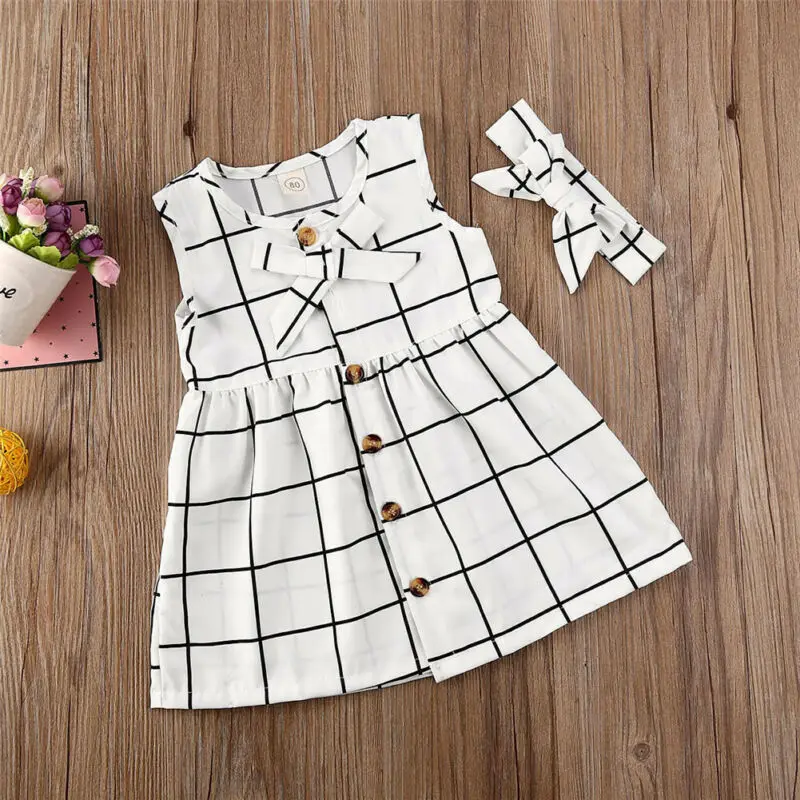 Летнее платье для маленьких девочек + повязка на голову без рукавов в клетку с