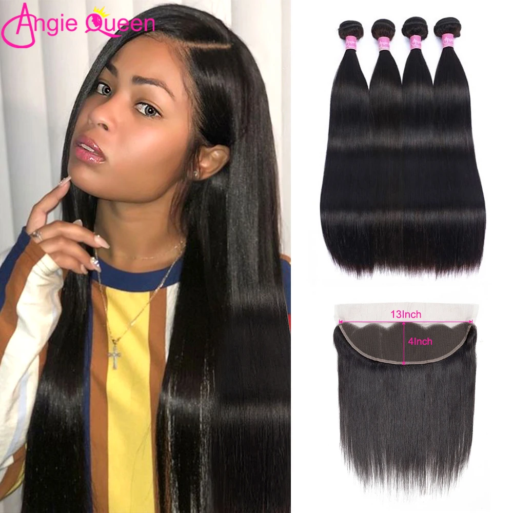 Прямые волосы пряди с кружевом лобовой (4 + 1) Королева бразильского Волосы Remy 100%