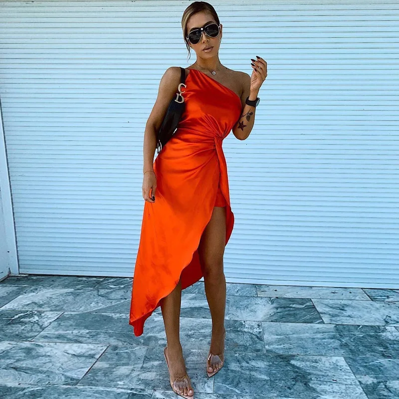 INDRESSME, новинка, Vestidos, женское платье на одно плечо, без рукавов, тонкое, Драпированное, вечерние, сексуальное, асимметричное, с разрезом, облегающее платье