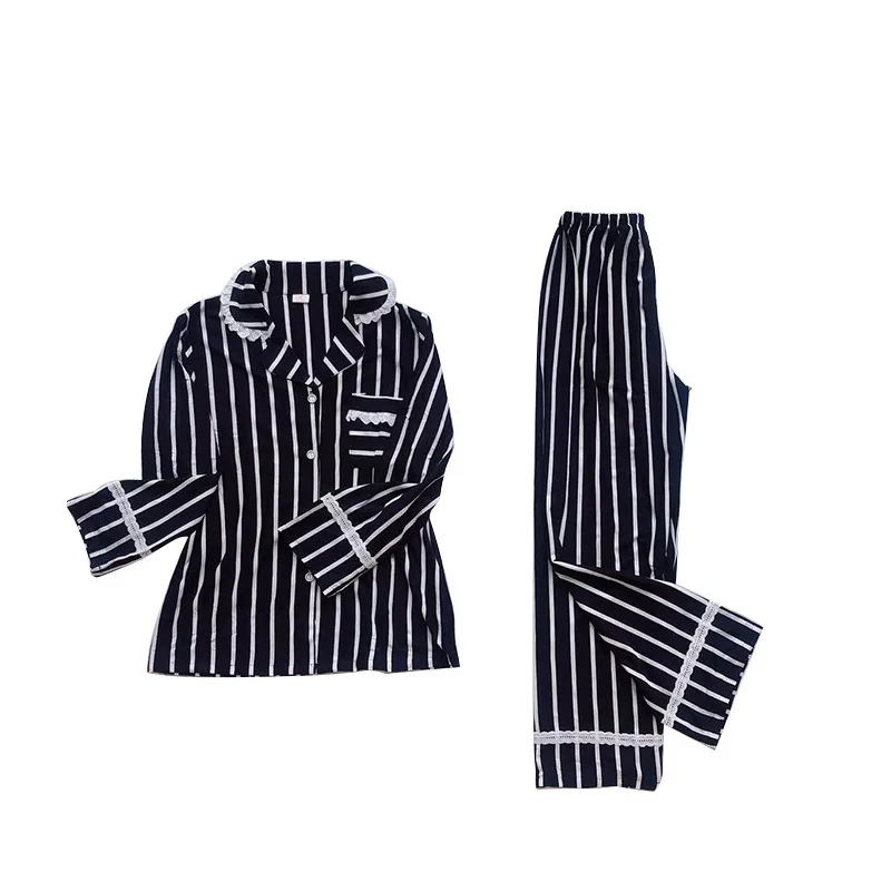 

Cotton Lace Trim Pajamas Sets Striped Printed Nightwear Sleepwear Family Pijama Night Suit Women Casual Home Clothing