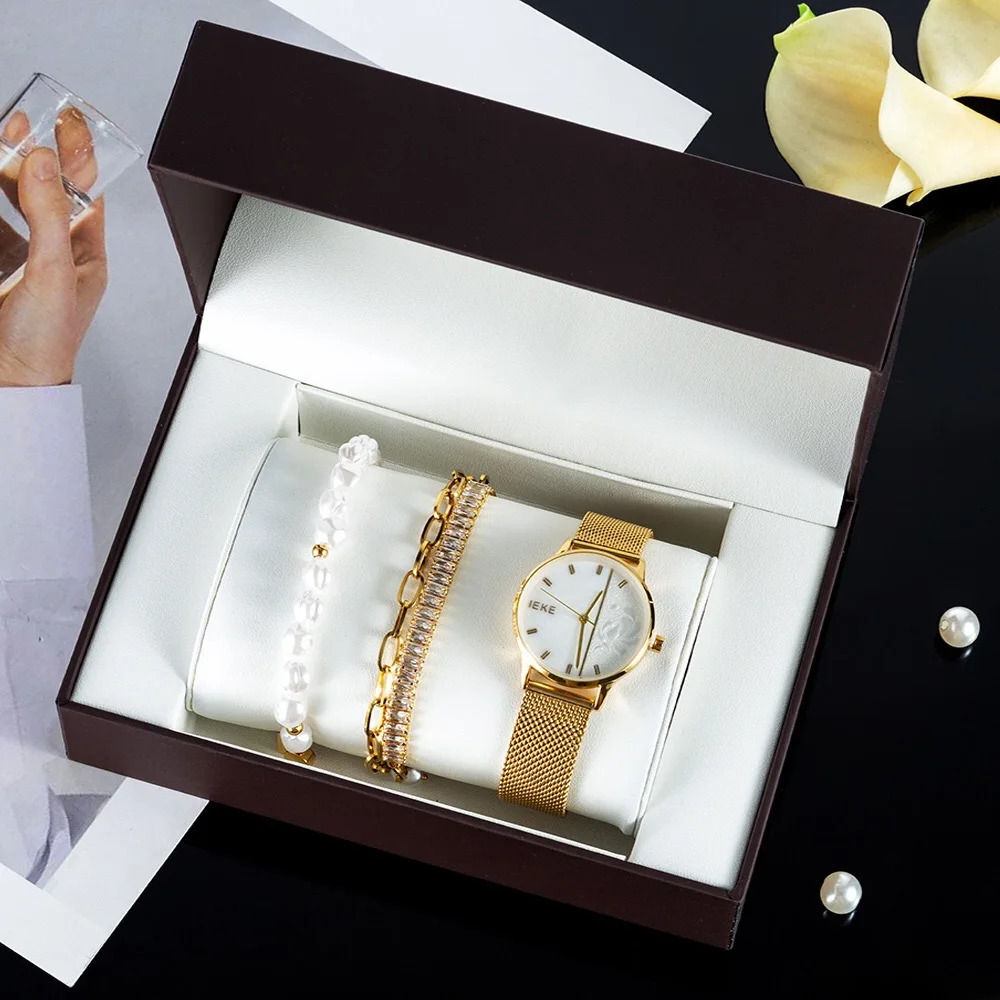 Fashion Women's Watch Bracelets Set Simple Mesh Strap Quartz Watch Steel and Pearl Bracelet With Gift Box For Girl's Ladies's