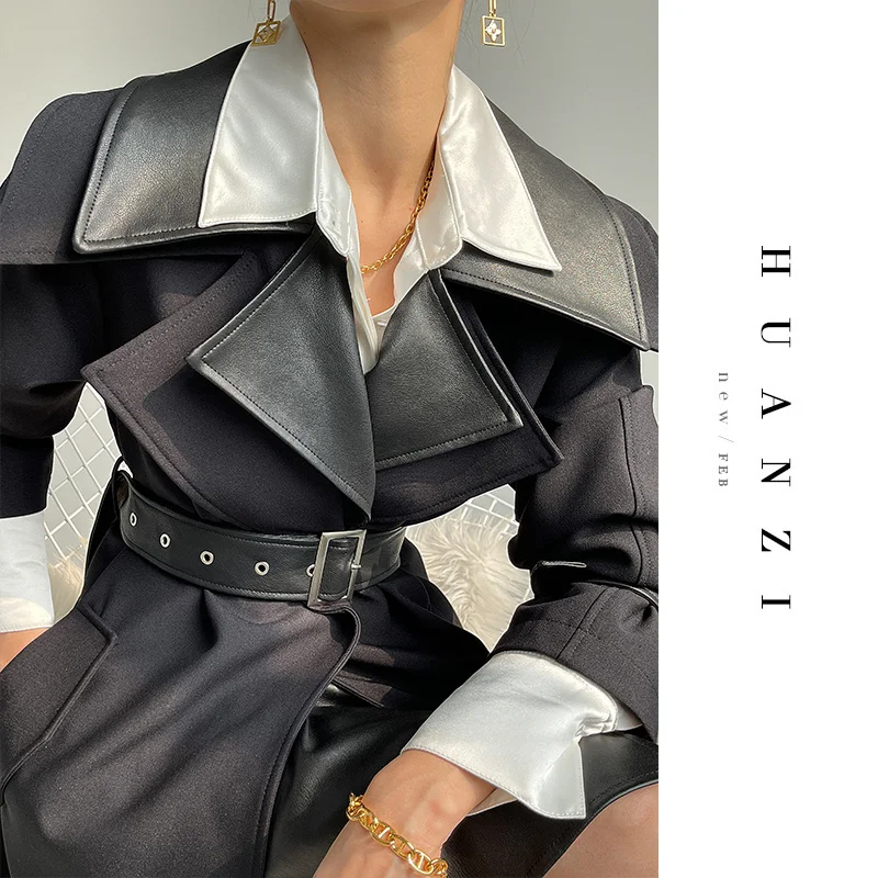 

Combining leather detachable double collar trench coat temperament high-end atmosphere design female jacket mid-length