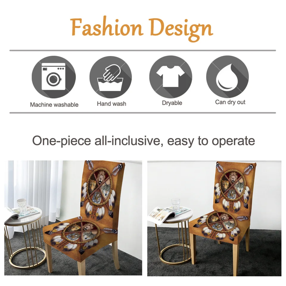 BeddingOutlet Dreamcatcher Chair Cover Dining Wolf 3D Animal Stretch Elastic Slipcover Tribal Lion Tiger Removable coprisedie | Дом и сад