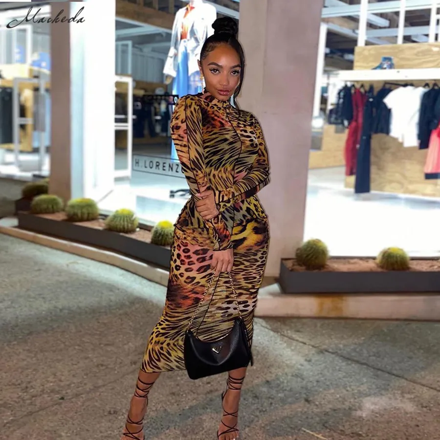 

Macheda Autumn Fashion Color Printing Dress Women Sexy Mesh Full Sleeve Turtleneck Clothing Lady Slim Long Dresses 2020 New