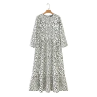 women dots print maxi dress pleated three quarter sleeve female casual straight dresses chic ankle length