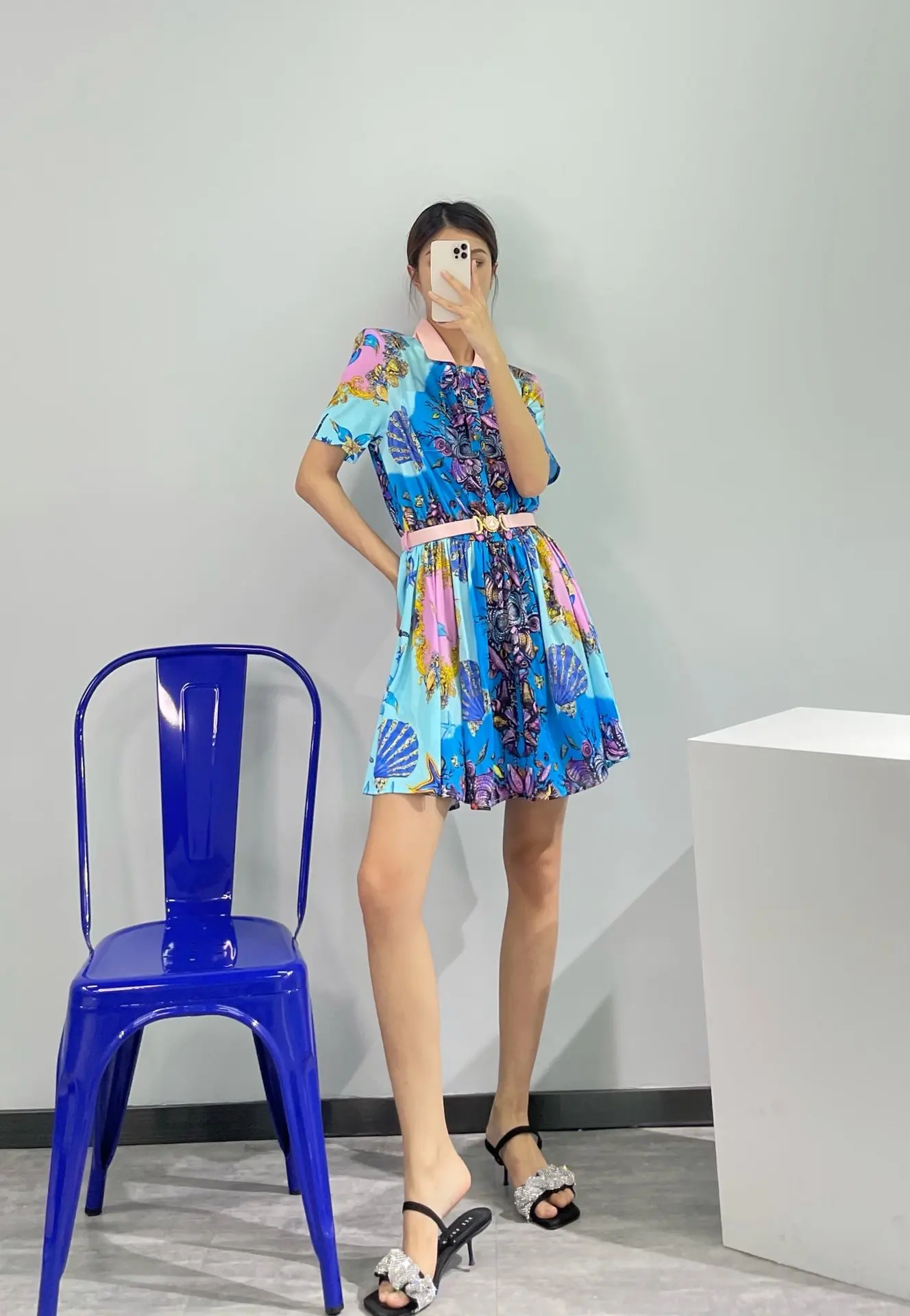 

2021 Elegant silk fabrics knitted collar stitching Marine cultivate morality dress short sleeves top quality