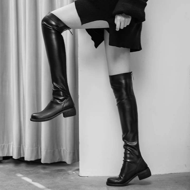 

woman rubber boots square heel knee-high classic cozy round toe boots soft leather zip boots ladies party dress winter snow shoe
