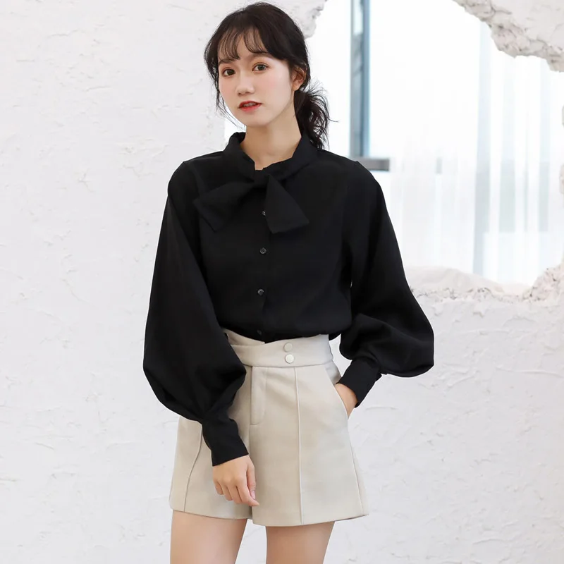 

2020 New Spring Autumn Lantern Sleeve Bow Blouse Korean Style Women's Shirt Tops Long Sleeve Elegant Blouses Female