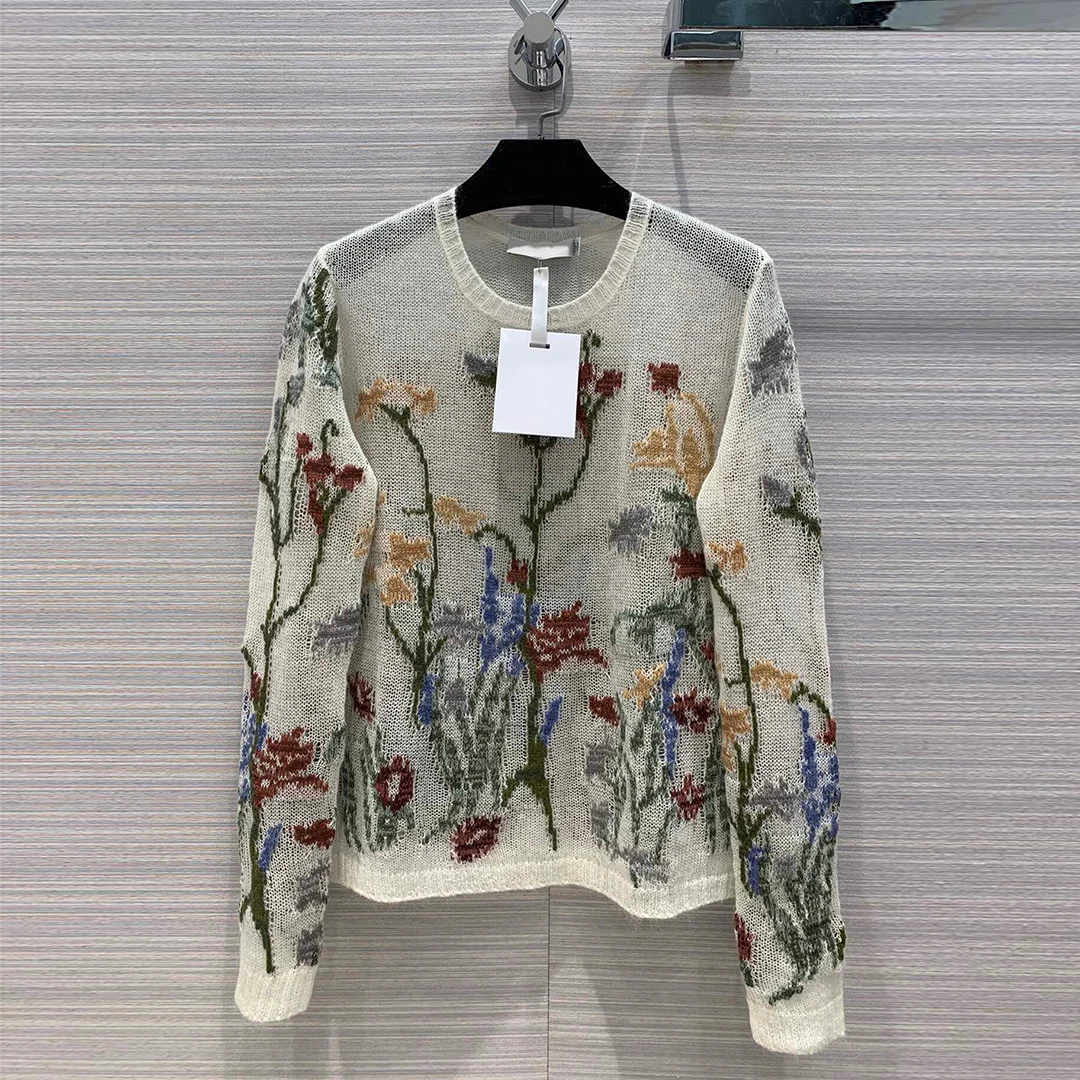 

top quality 100% cashmere knit sweater women novelty flowers jacquard embroidery white hollow out knitted pullover thin jumper