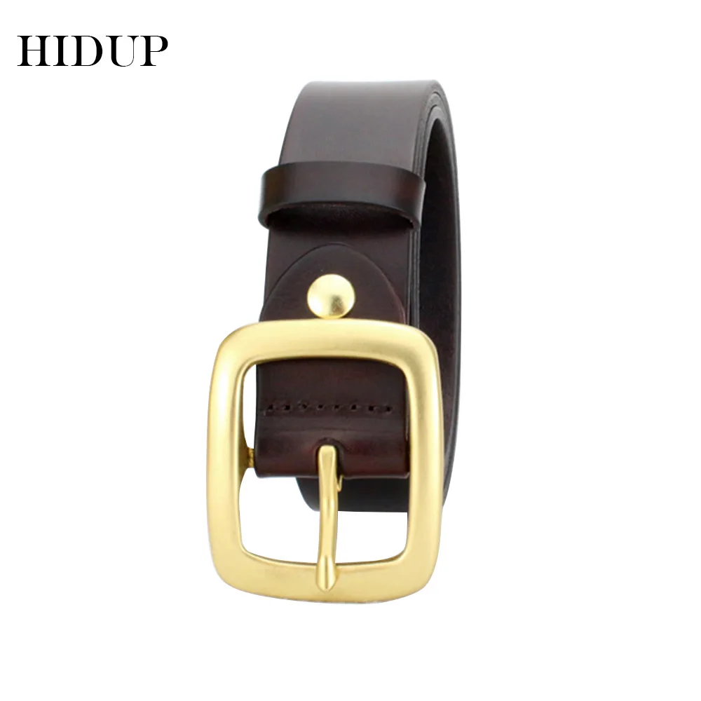 HIDUP Top Quality Cow Cowhide Leather Belt Brass Pin Buckle Metal Belts for Men Casual Styles Genuine Jeans Accessory NWWJ133