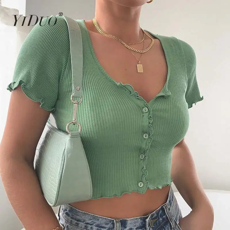 

YiDuo Sexy Round Neck Candy Color Ruffles Short Sleeve Crop Top 2020 Summer Women Knitted Chic Fashion Tshirt Casual Tees Pink