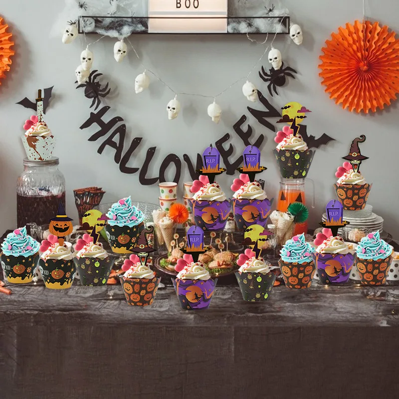 24 шт./компл. Хэллоуин декоративные обертки для кекса Тыква с летучей мышью шаблон