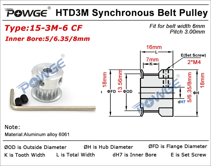 POWGE 10pcs 15 Teeth HTD 3M Timing Pulley Bore 5mm 6.35mm 8mm for Width 6mm synchronous belt HTD3M Belt pulley 15Teeth 15T | Обустройство