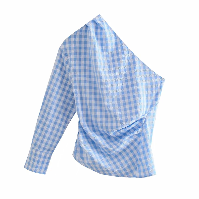 

New Za Women 2021 Fashion Pleated Asymmetry Check Blouses Vintage One Shoulder Back Button-up Female Shirts Blusas Chic Tops