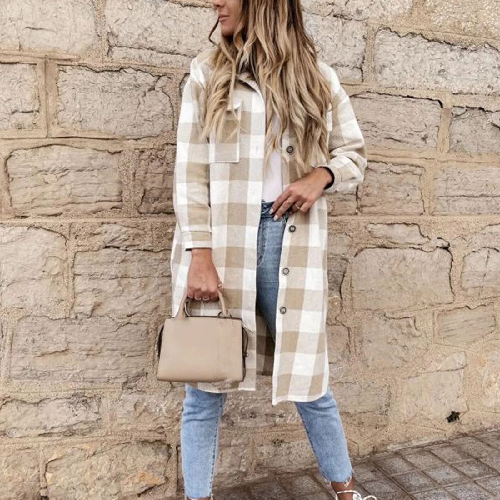 

2021 Autumn Women's Long Jackets Button Up Turn Down Collar Long Sleeve Jackets For Women Plaid Jackets With Pockets jaquetas