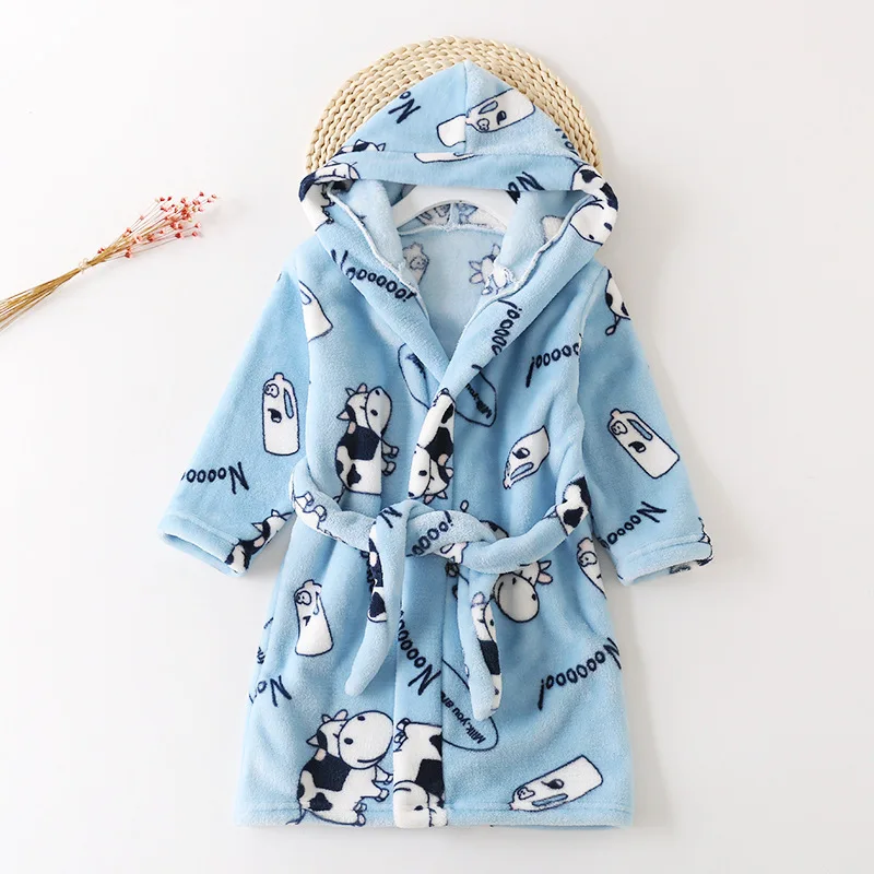 Cartoon Children's Robe Flannel Baby Bathrobe Long Sleeve Hooded Kids Bath Robe Animal Dressing Gown Boy Girl Robes Kids Clothes