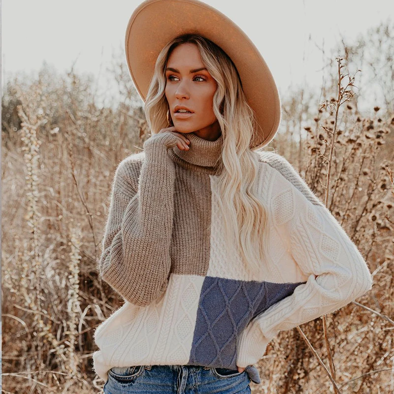 

Женский трикотажный свитер с воротником-хомутом и длинным рукавом