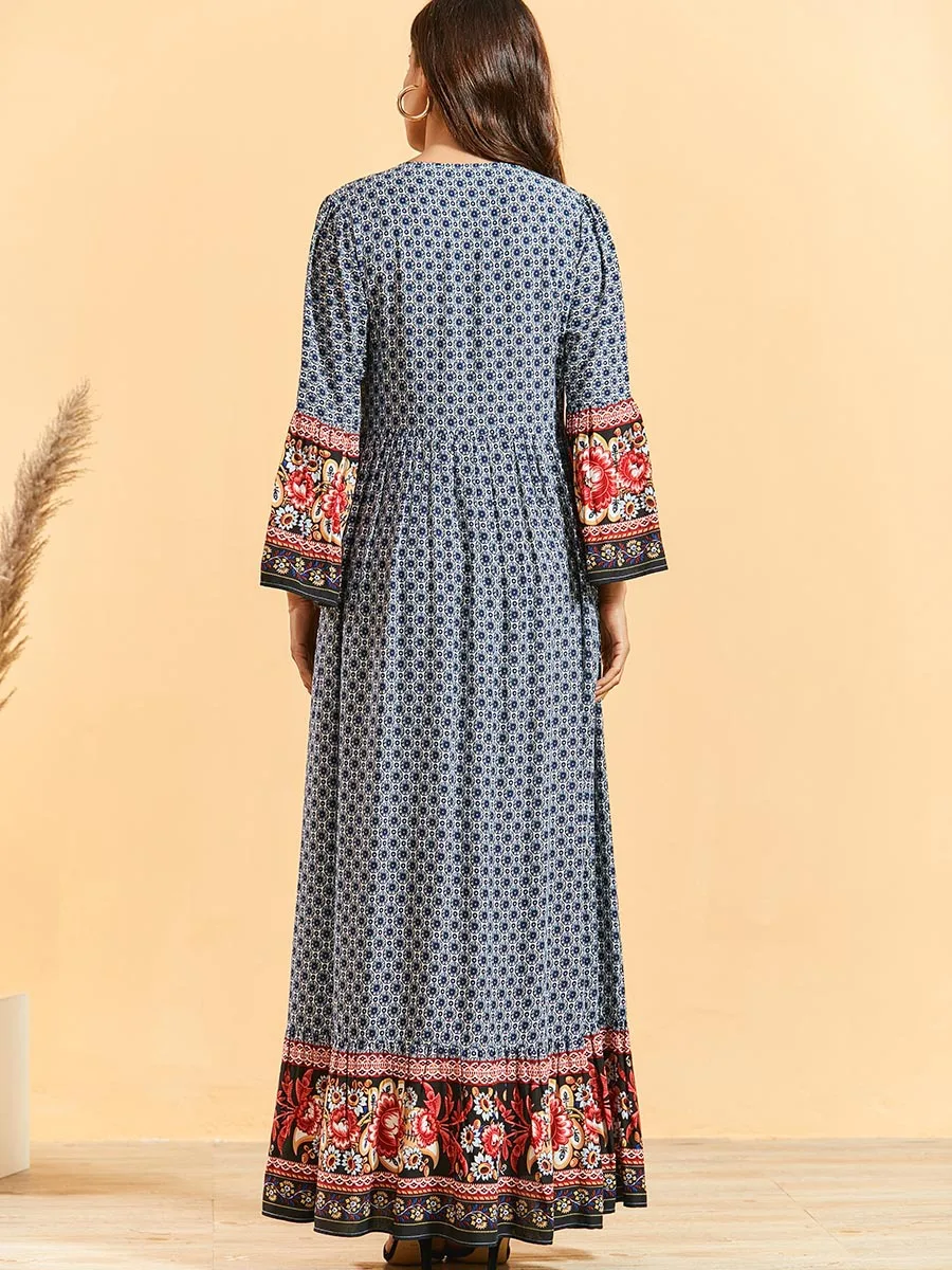 

women floral printed maxi dress plus size full sleeve arabic ramadan abaya EID kaftan robe dubai islamic Judaic gown VKDR2459