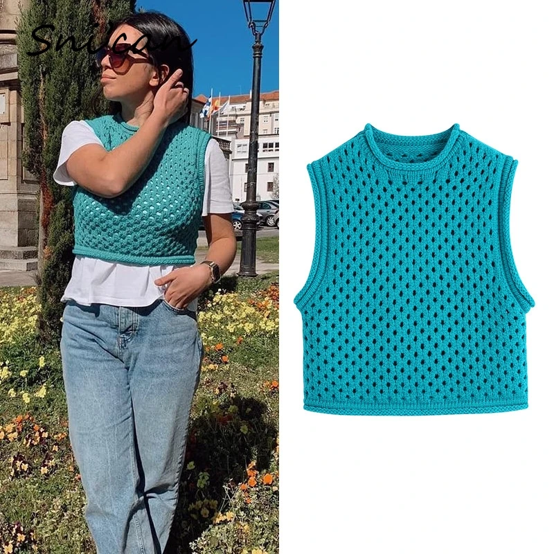 

Snican Solid Hollow Out Cropped Sweater Vest Femme Casual Sleeveless Chic Tops Za 2021 Women Crocheted Pullovers Chaleco Mujer
