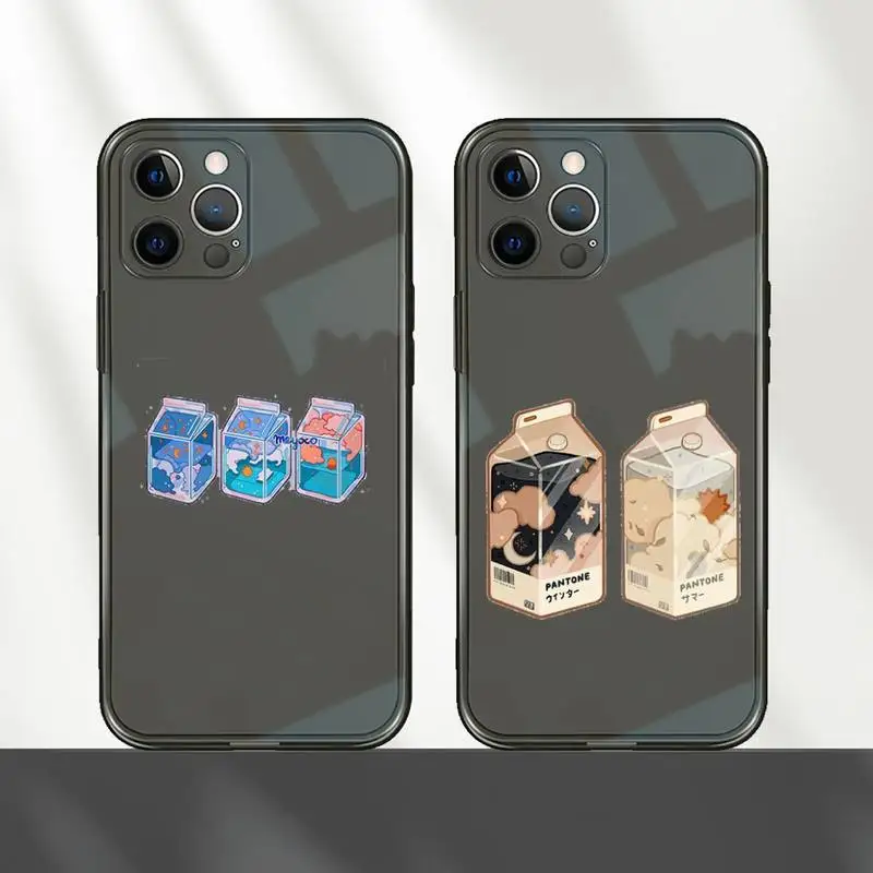 

Japanese Strawberry Milk food Phone Case For iPhone 12 11 8 7 mini pro X XS XR MAX Plus Black Transparent Cover