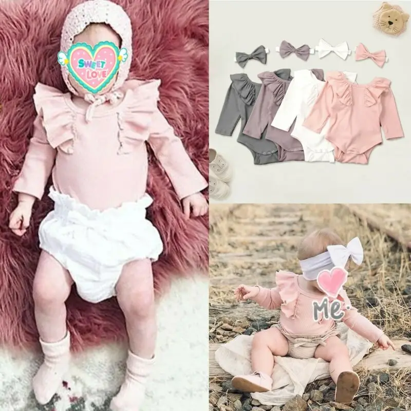 2019 Baby Spring Autumn Clothing Newborn Girl Clothes Set Ruffle Solid Ribbed Bodysuits Long Sleeve Jumpsuit +Headband 2PCS | Мать и