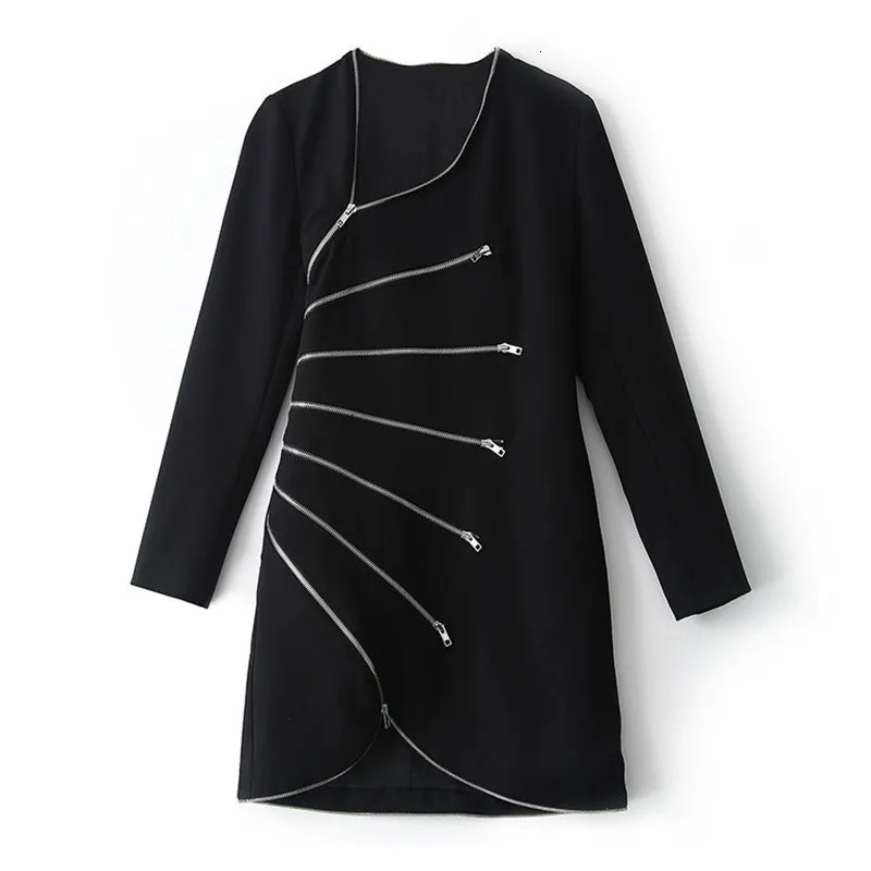

Brand Runway Women Irregular Zippers Mini Dress Gothic High Street Bodycon Dresses Long Sleeve Night Club Party Punk Lady Dress