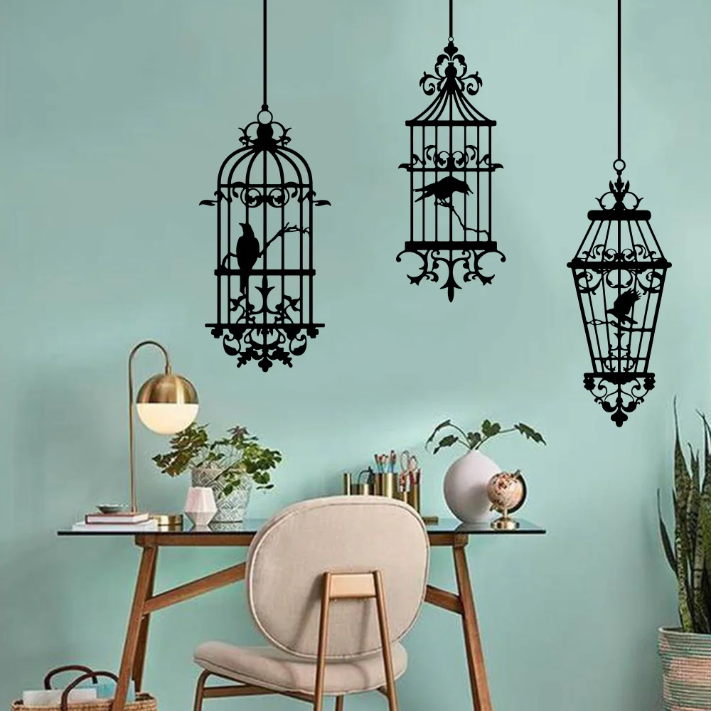 

3Pcs Gothic Style Birdcages with Ravens Halloween Wall Sticker Living Room Bedroom Party Bird Animal Wall Decal Vinyl Decor
