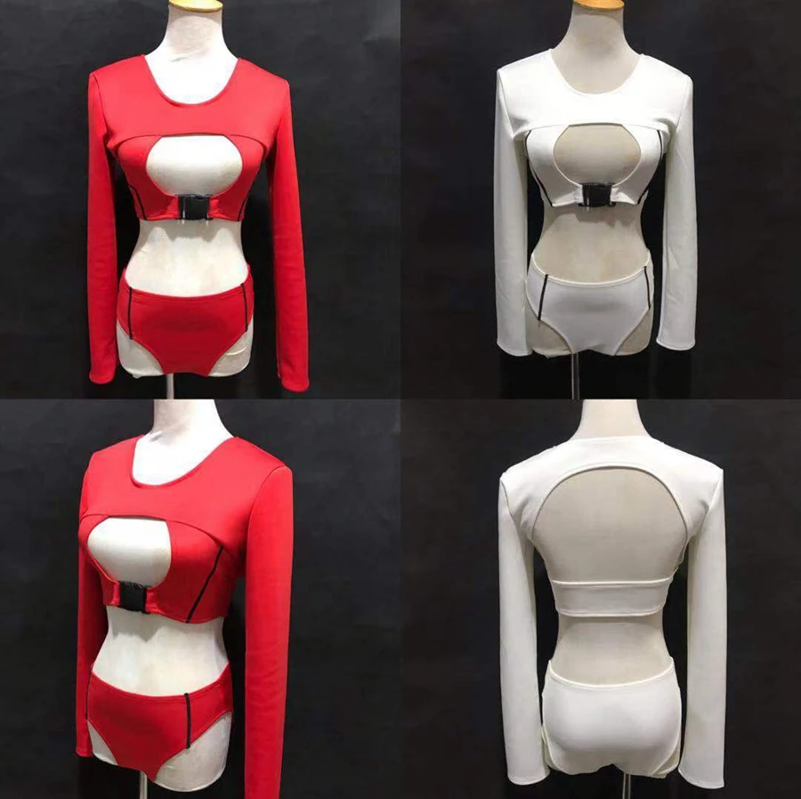 

Комплект бикини женский для бара, пикантный красный и белый бикини с вырезами, танцевальная одежда для выступлений, диджея, джаза, певицы, танцевальный сценический костюм