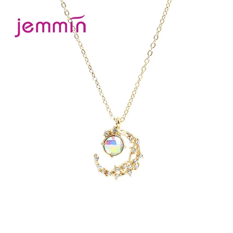 

New Trendy 925 Sterling Silver Crystal Pendant Necklace for Women Romantic Zircon Moon Crescent Necklaces Fine Jewelry