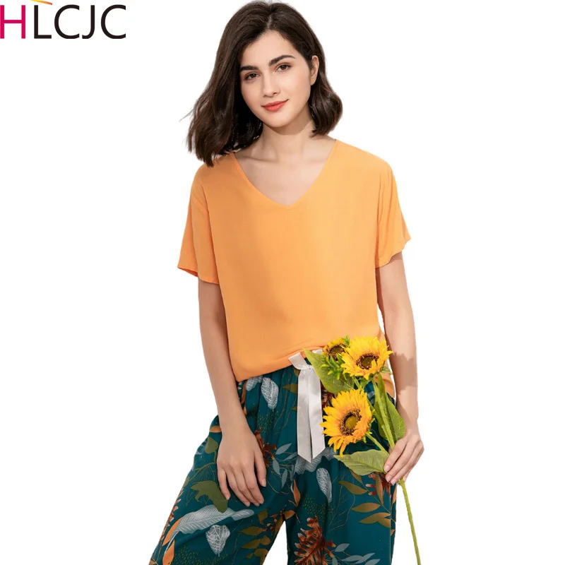 Женская пижама с цветочным принтом повседневная одежда для сна v образным