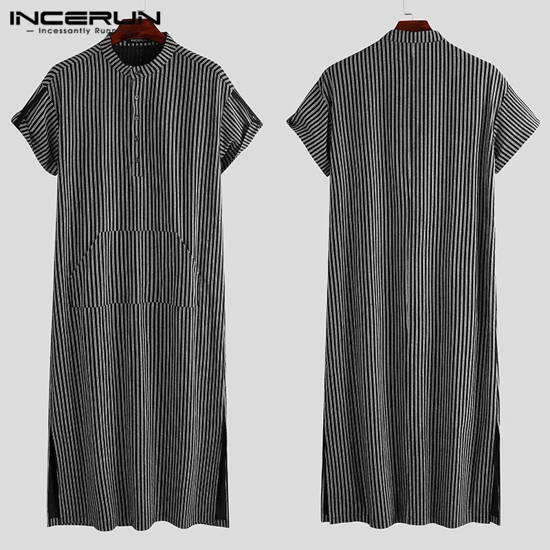 Men Islamic Arabic Kaftan Striped Short Sleeve Casual Pockets Muslim Robes Cotton Saudi Arabia Dubai Men Jubba Thobe INCERUN 5XL