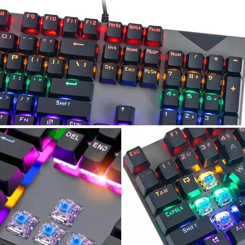 Игровая механическая клавиатура проводная USB с синим и красным переключателем 104