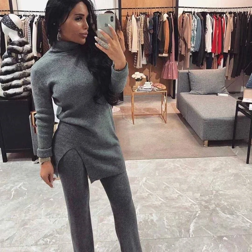 Женский вязаный костюм MVGIRLRU пуловер с высоким воротником и брюки из двух