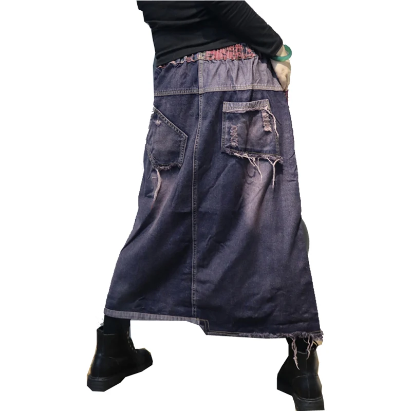 Женские юбки с аппликацией потертые свободные средней длины джинсовые хлопковые