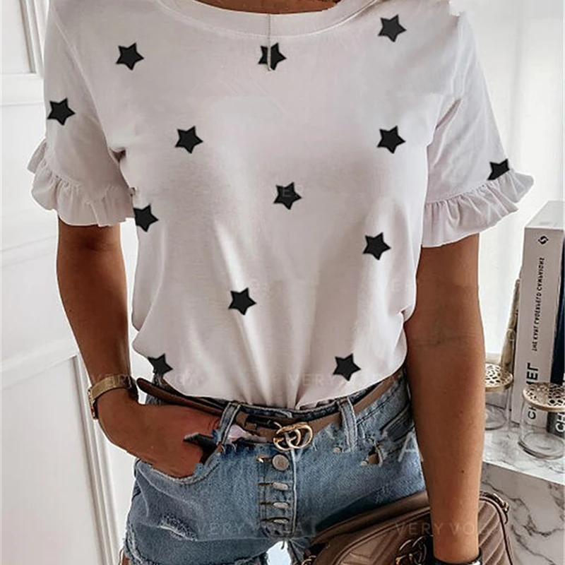 

Ashley Women printed short sleeve round neck Shirt top Holiday beach summer style tops Cute square elegant solid slim shirts
