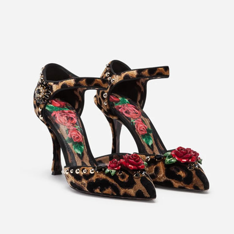 high heel Новое поступление; дизайнерские модельные туфли mary jane на плоской подошве с Т-образным ремешком, с острым носком, украшенные розами, леопардовым принтом; женская обувь на плоской подошве - Цвет: high heel