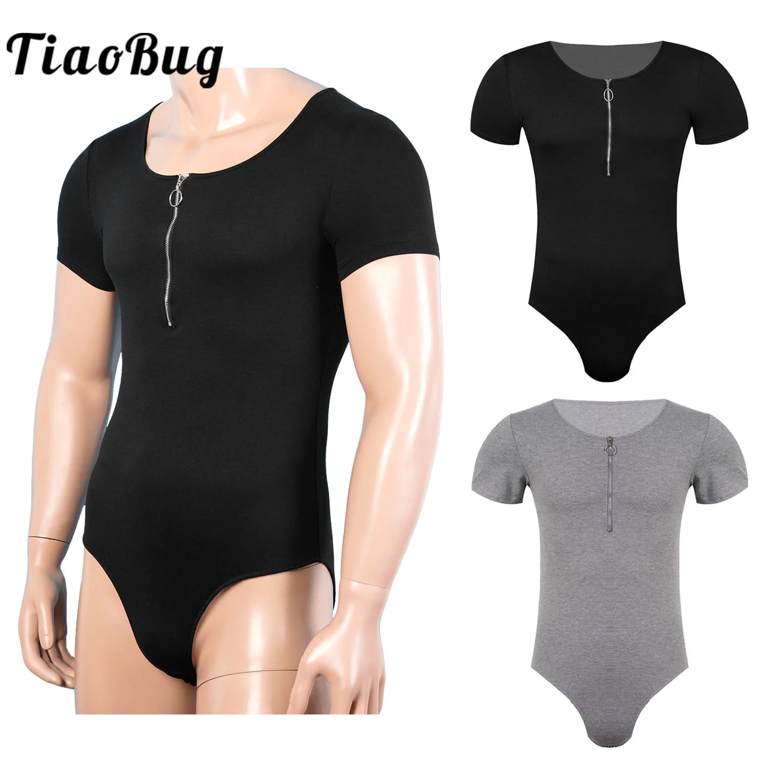 

Mens Short Sleeve One-Piece Dance Leotard Bodysuit Romper Snappies Button Down