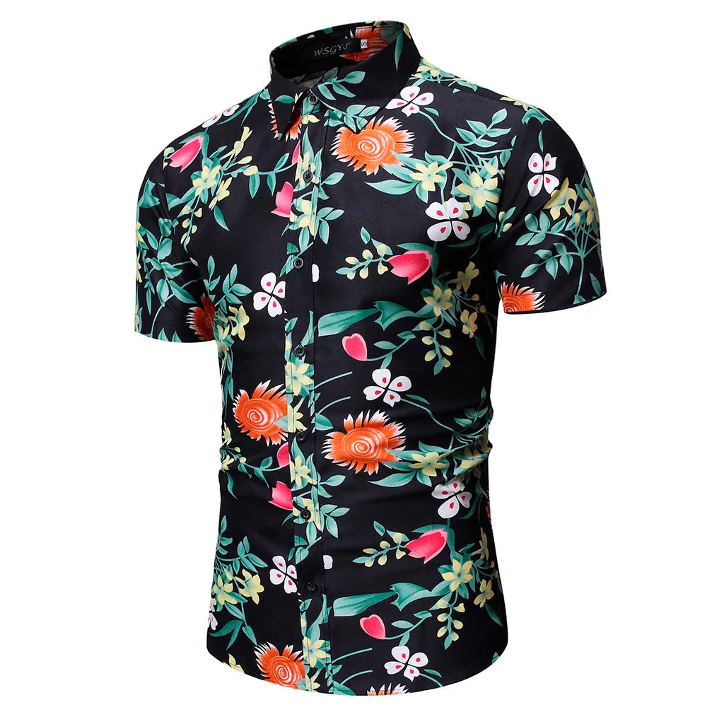 Повседневные мужские рубашки гавайская блузка с коротким рукавом и отложным