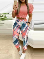spring home wear casual women long pants plaid colorblock drawstring pockets sweatspants fashion