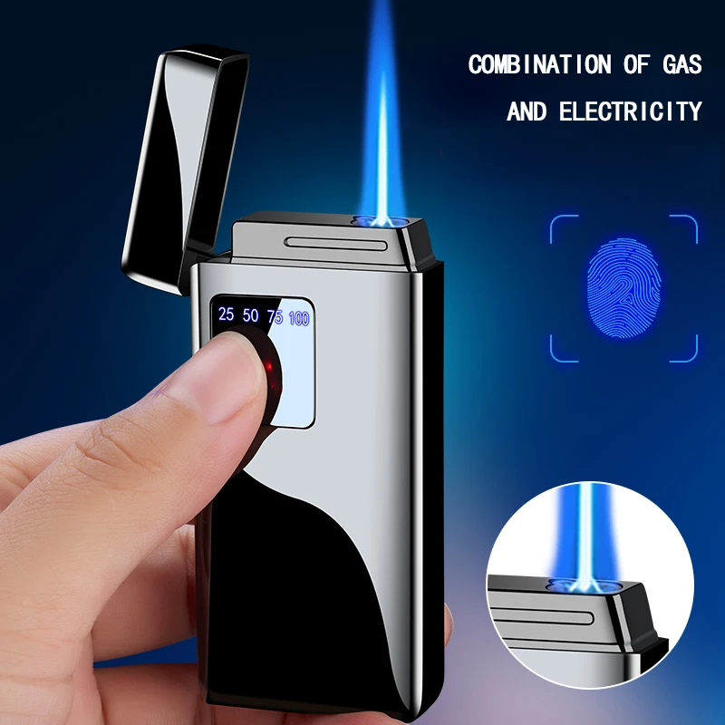 Gas And Electricity Blue Flame Ice Plating  Digital Display Power Touch Sensor Windproof Jet Cigar Torch Lighter