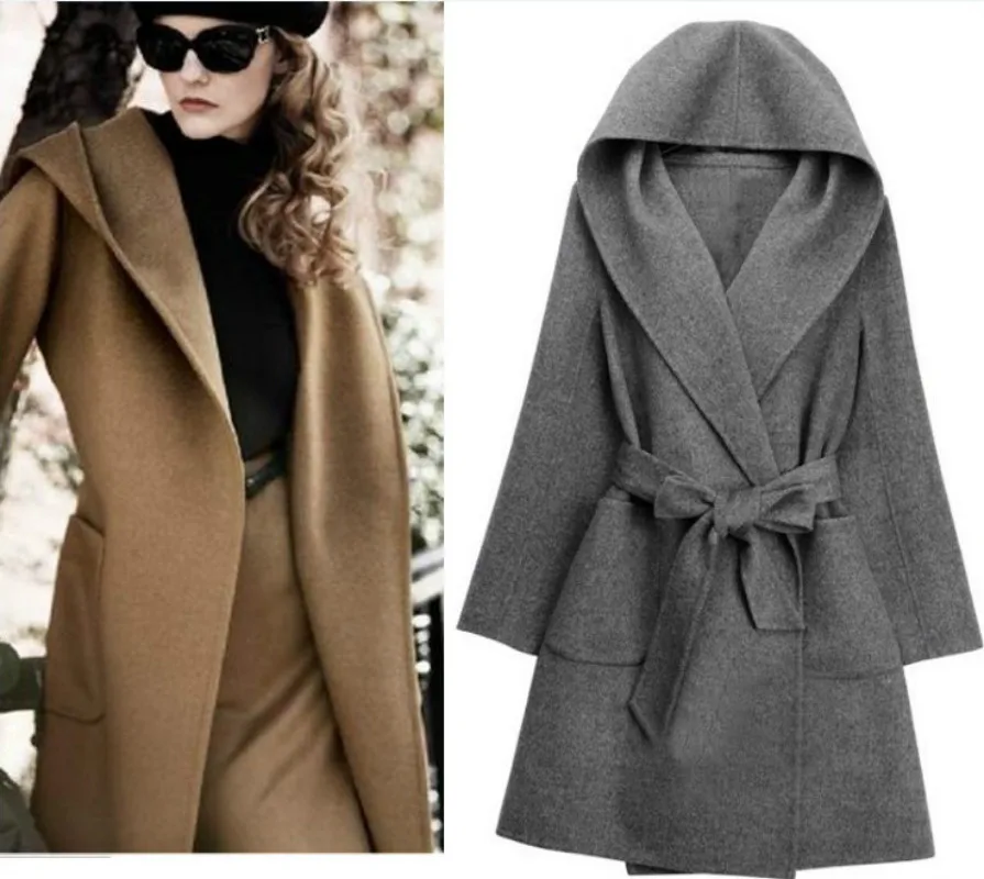

Winter New Woolen Coat Women's Coat Big Hat Woolen Coat European And American Medium And Long Belt Bound Coat