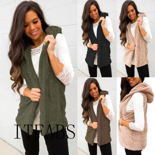 2019 женский зимний жилет с капюшоном Теплый из искусственного меха Кардиган